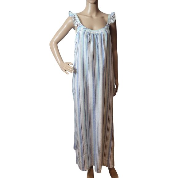 VINCE CAMUTO LINEN STRIPED RUFFLE STRAP DRESS SLEEVELESS MIDI AQUA ICE  Pockets - Picture 8 of 12